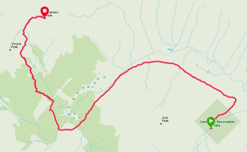 Archived Guanaco Peak hiking route image with route marked in red