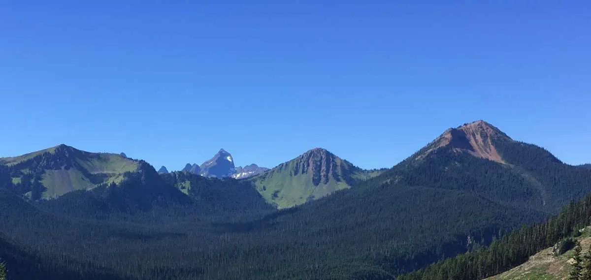 Mountain peaks visible above forested ski-area slopes in Manning Park